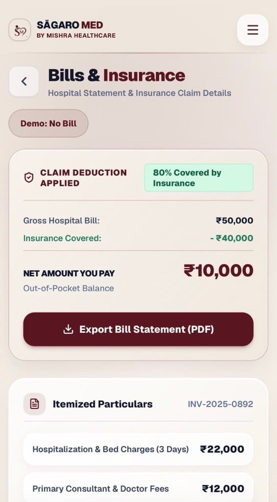 Bills and insurance claim summary screen