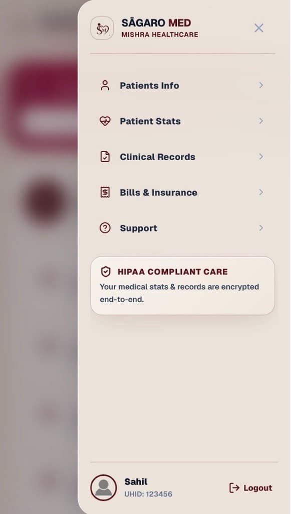 SAGARO MED navigation menu with HIPAA compliant care