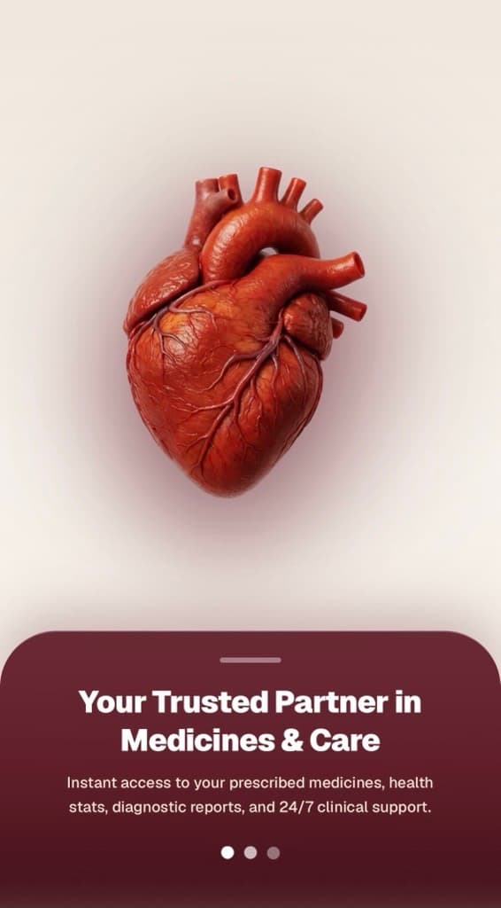 SAGARO MED onboarding screen with anatomical heart